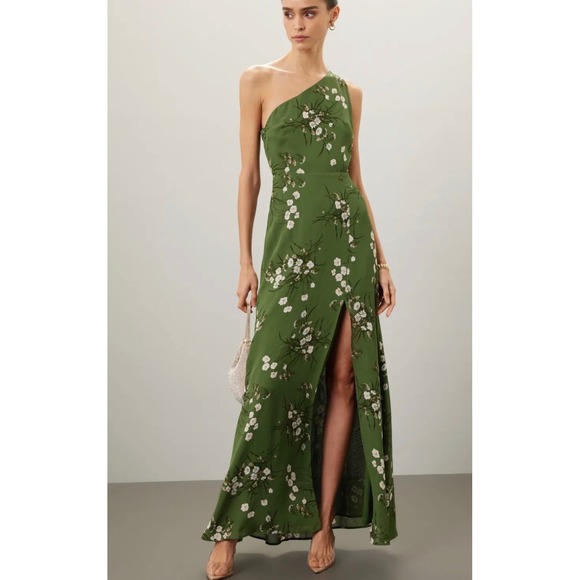 Reformation Dresses & Skirts - Reformation Evelyn One Shoulder Maxi Dress 10 Green Floral Print Front Slit $349